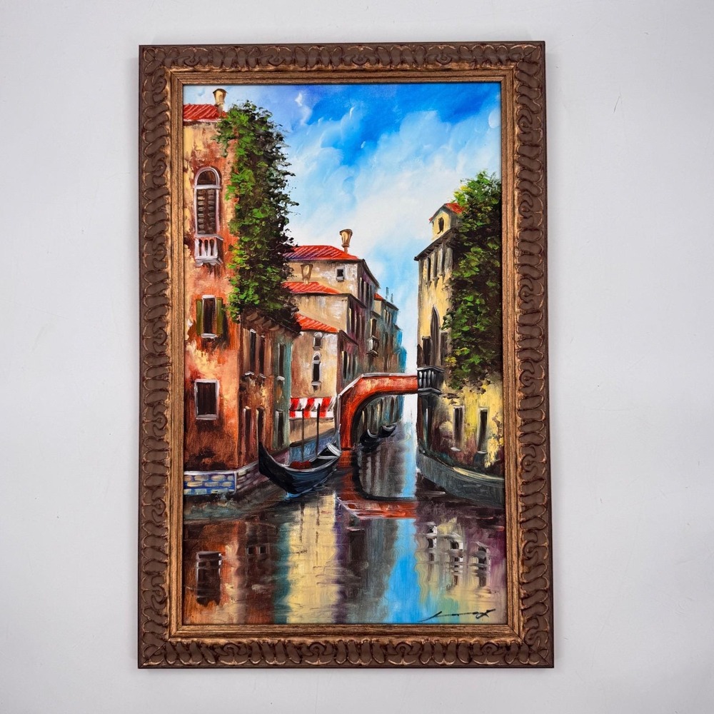 Vintage Venetian Canal Painting Gondola Bridge Italy Scene Gilt Frame
